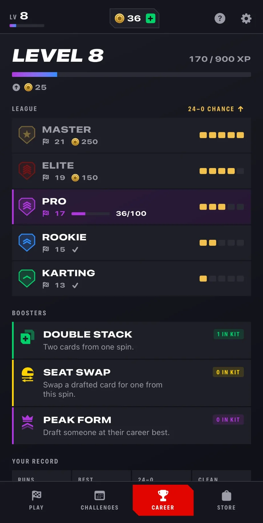 Career screen showing league progression from Karting to Master