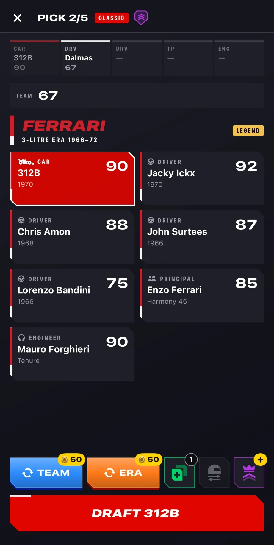 Draft screen showing a Legend spin of Ferrari cars, drivers, principal and engineer from 1966 to 1972