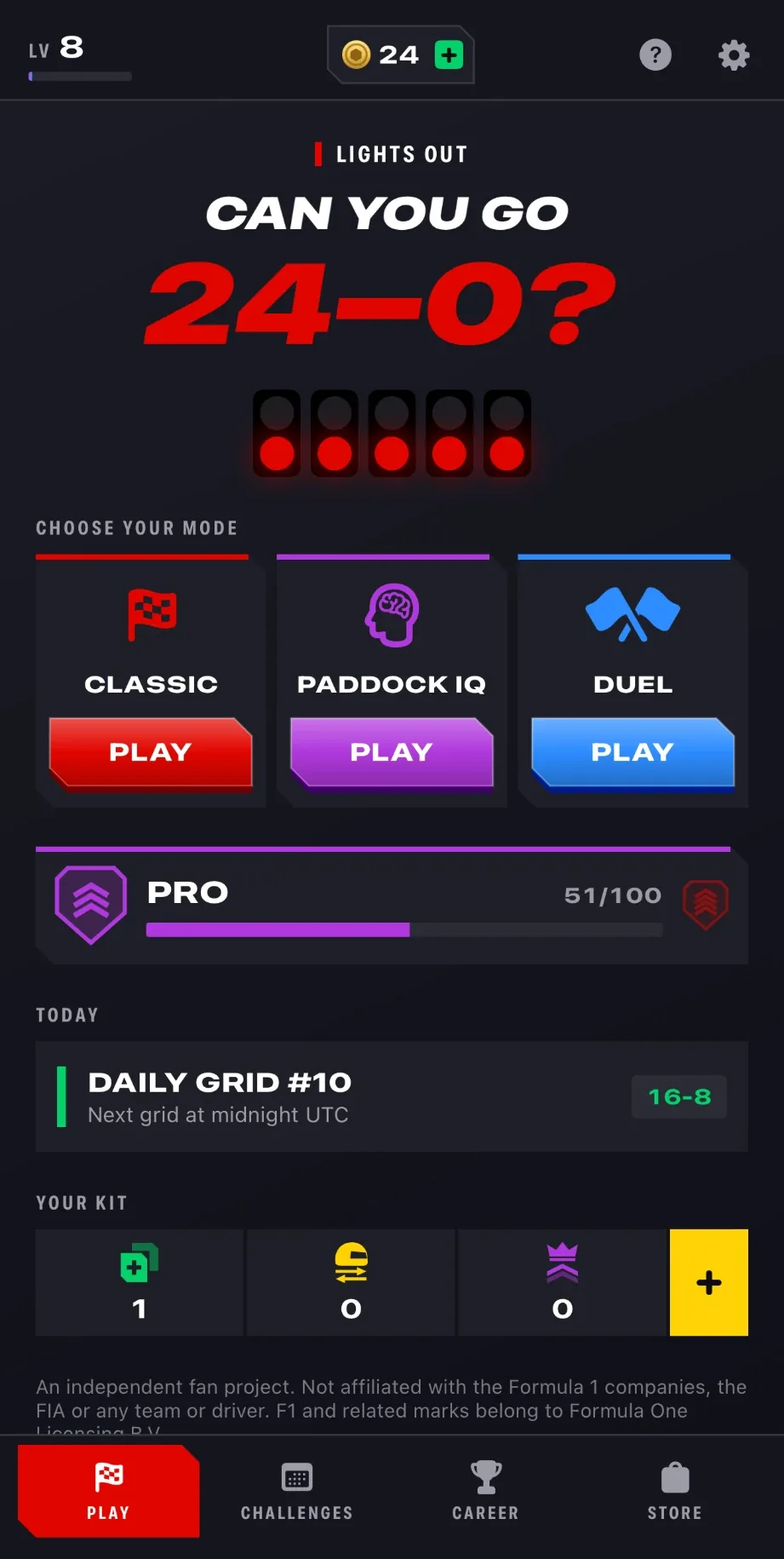 Lights Out home screen with Classic, Paddock IQ and Duel modes